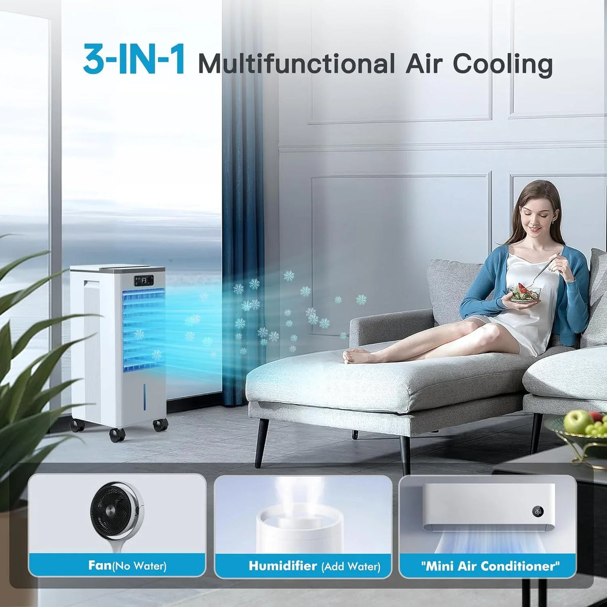 Portable Windowless Air Cooler with 3 Cooling Modes & Speeds, 12H Auto-Off Timer, 2-Gal 20H Cooling Tank, 16FT Remote Control, No Hose Installation, 46dB Quiet Evaporative Swamp Cooler