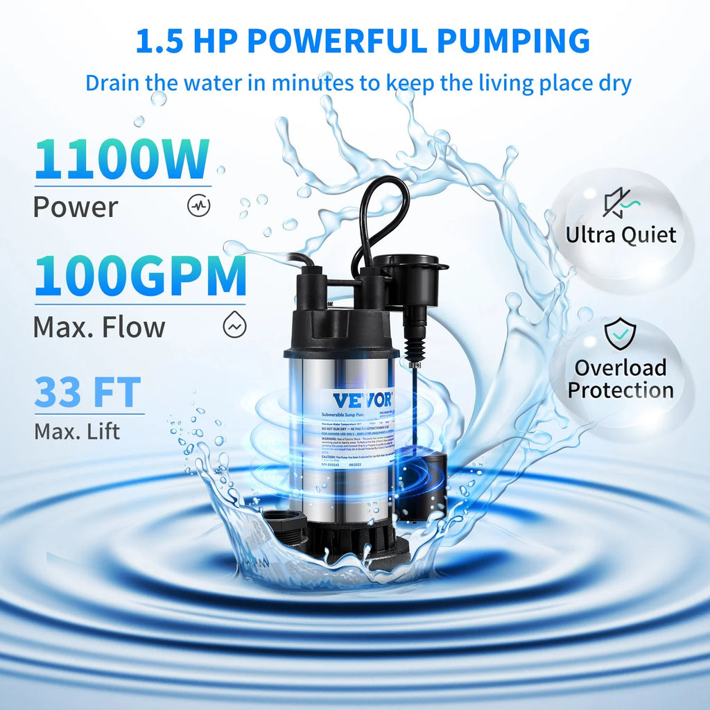 VEVOR Sump Pump, 1.5 HP 6000 GPH, Submersible Cast Iron and Stainless Steel Water Pump, 1 - 1/2" Discharge with 1 - 1/4" Adaptor, Automatic Vertical Float Switch, for Indoor Basement Water Basin