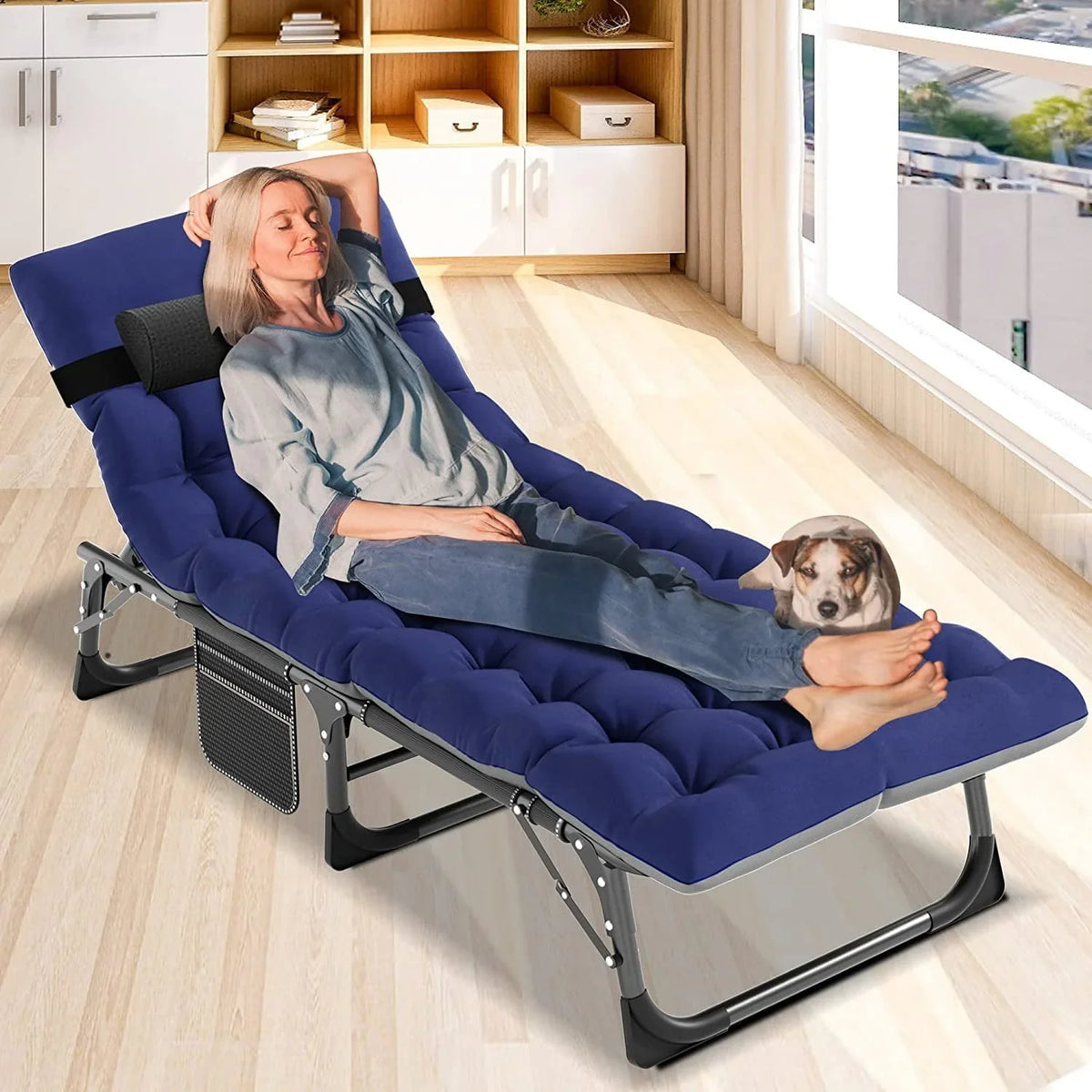 Slsy Folding Lounge Chair, 5-Position Adjustable Outdoor Reclining Chair, Folding Sleeping Bed Cot, Folding Chaise Lounge Chair for Pool Beach Patio Sunbathing
