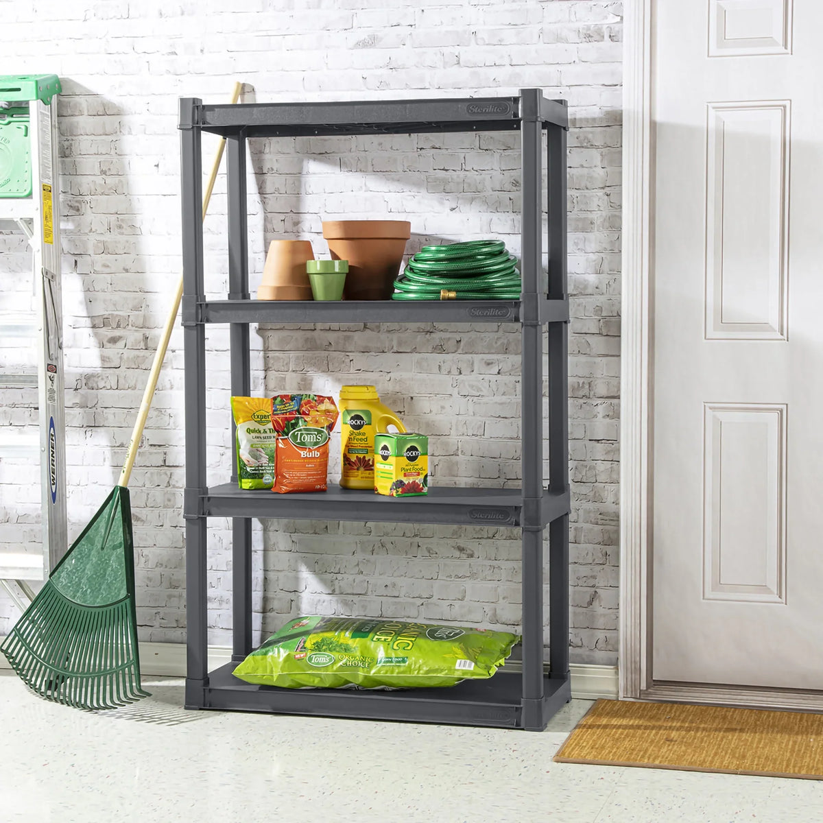 Sterilite Plastic Indoor Outdoor 4 Shelf Durable Shelving Unit, Gray 3 Pack
