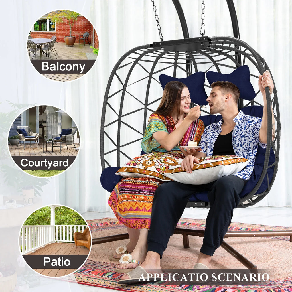 RADIATA Double Wicker Egg Swing Chair with Stand, 2-Person Hanging Egg Chair for Indoor/Outdoor, 700lbs Capacity, Thick Cushions & Headrest,Sturdy Metal Frame��Dark Gray