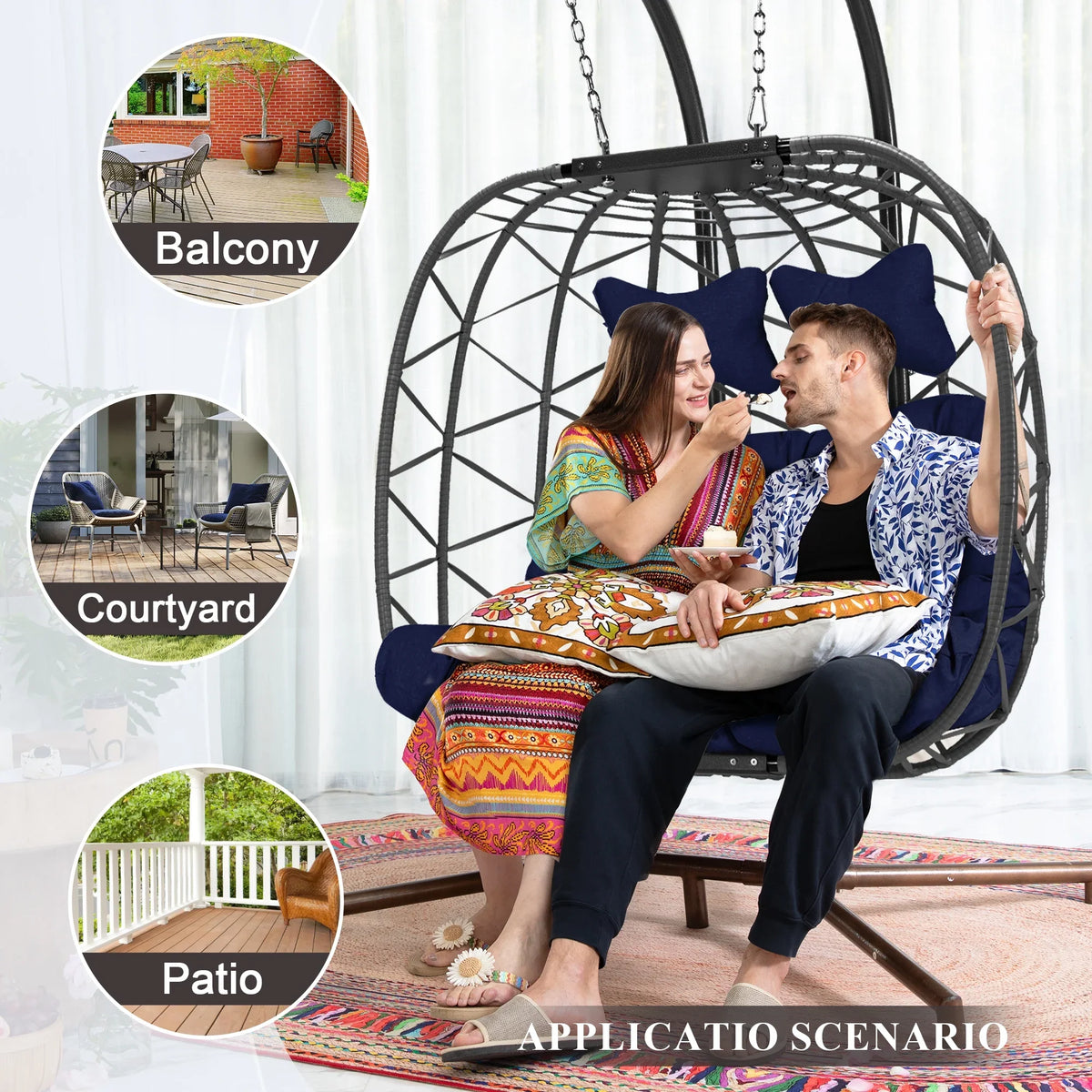 RADIATA Double Wicker Egg Swing Chair with Stand, 2-Person Hanging Egg Chair for Indoor/Outdoor, 700lbs Capacity, Thick Cushions & Headrest,Sturdy Metal Frame��Dark Gray