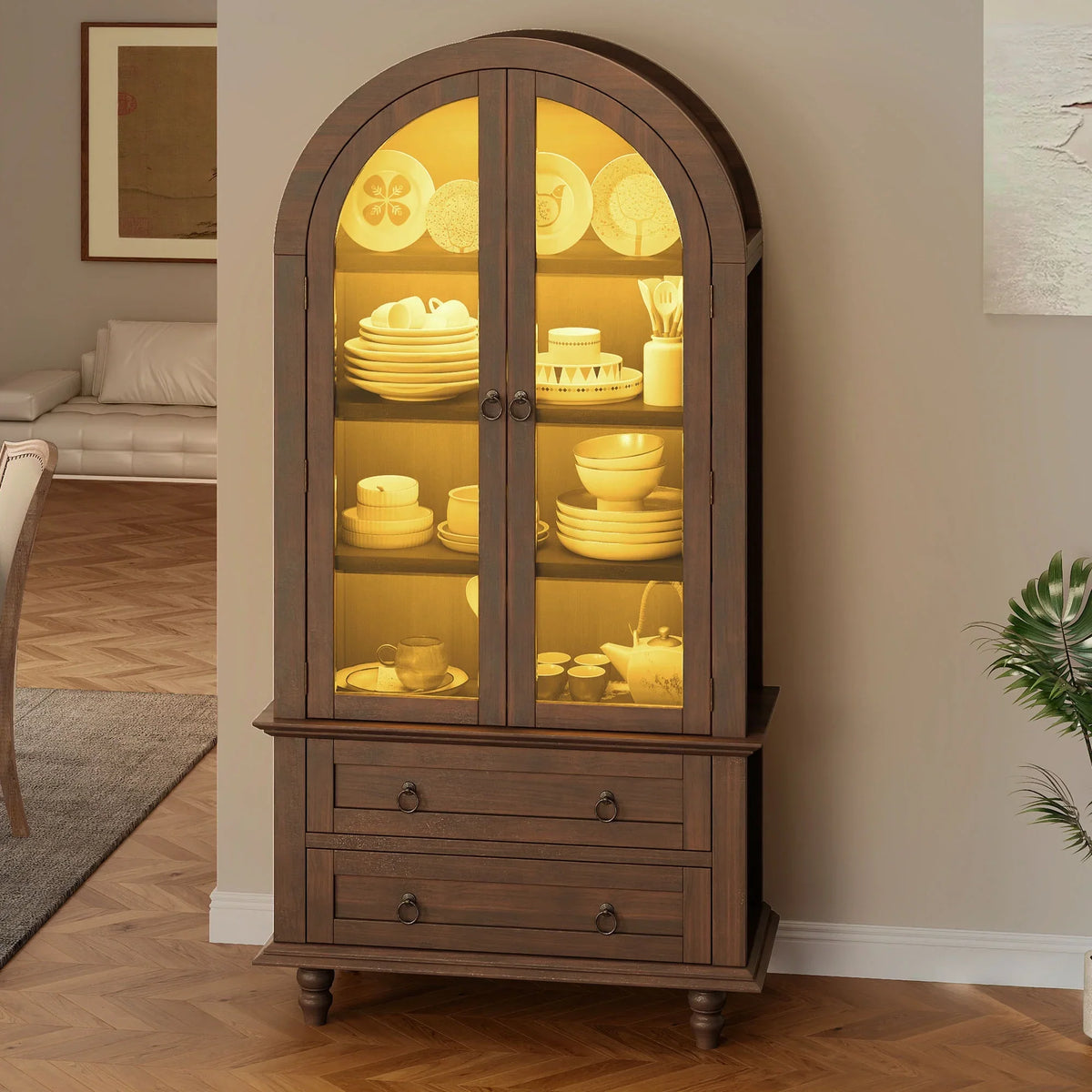 Uforic 73" Arched Pantry Cabinet with LED Light, Drawers, Shelves, Farmhouse Kitchen Storage, Black