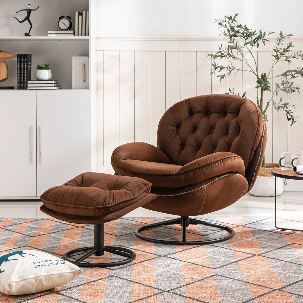 Velvet Swivel Accent Chair with Ottoman Set, Modern Lounge Chair with Footrest and Metal Base Comfy Armchair with 360 Degree Swiveling Single Sofa Chair Accent Chairs for Living Room, Green