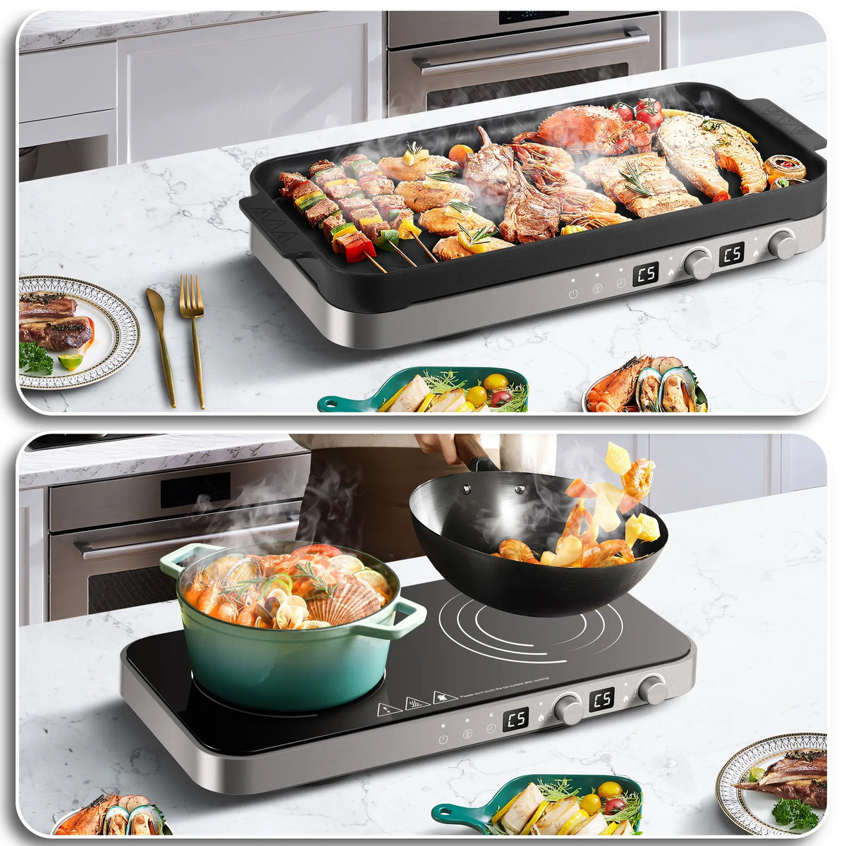 Sunmaki Portable Double Induction Cooktop with Removable Griddle Pan Non-stick, 1800W 2 burner Induction Hot Plate With Sensor Touch 9 Power Levels, 99 Min Timer,Great for Family Party