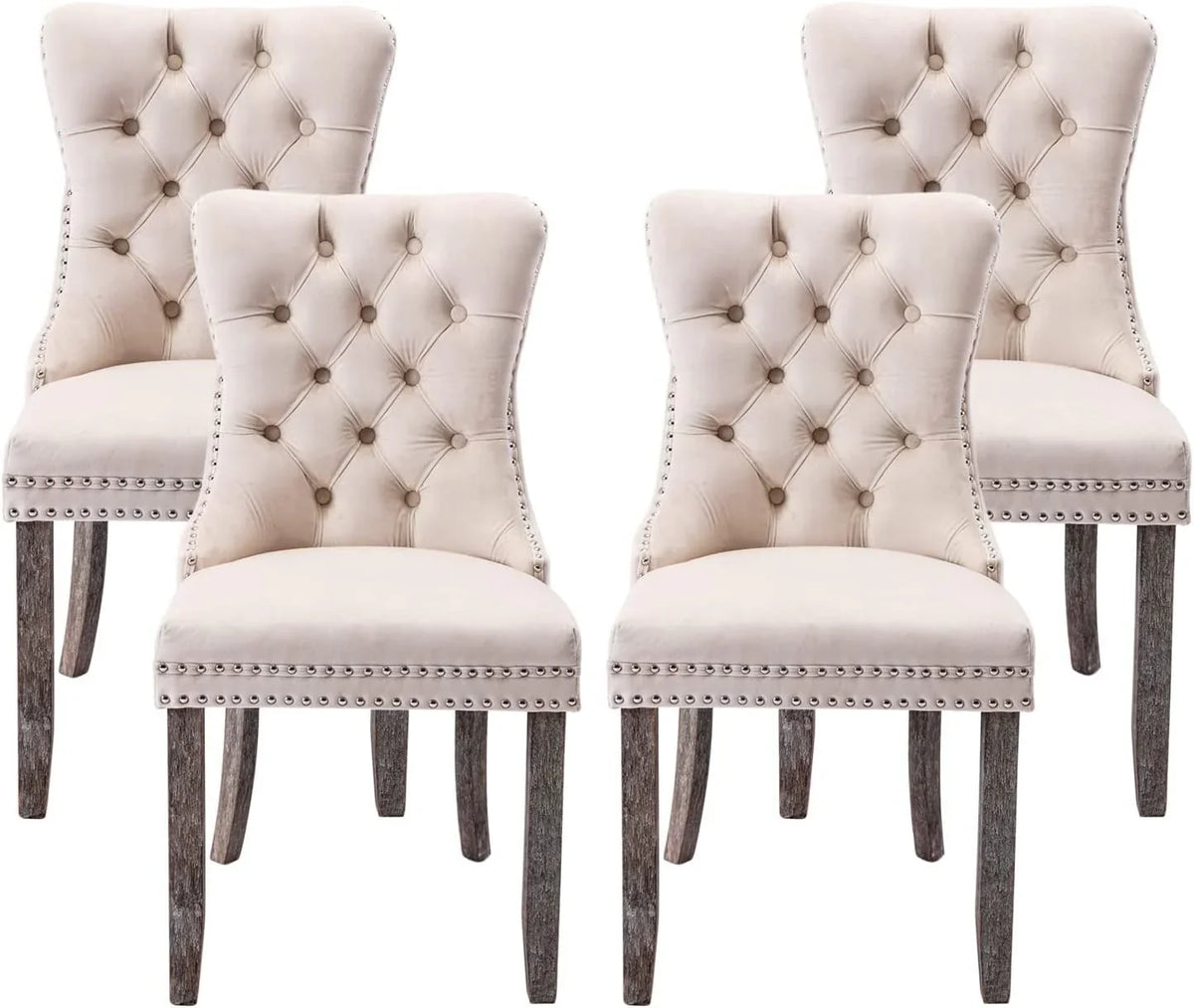 Tzicr Dining Chairs Set of 4, Velvet Upholstered Dining Chairs with Nailhead Back and Ring Pull Trim,Solid Wood Dining Chairs for Kitchen/Bedroom/Dining Room,Modern Fabric Dining Set,Beige