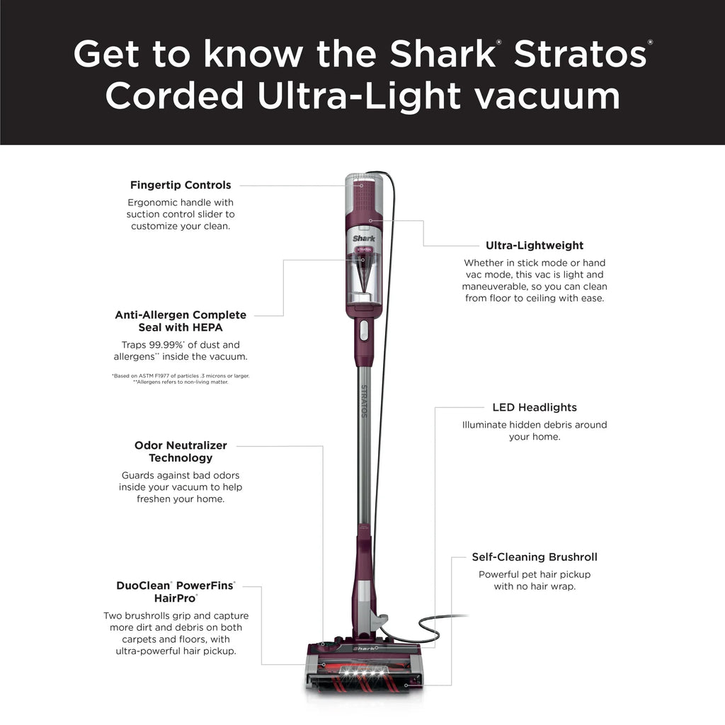 Shark Stratos? UltraLight Corded Stick Vacuum with DuoClean? PowerFins? HairPro?, Self-Cleaning Brushroll, and Odor Neutralizer Technology, HZ3000