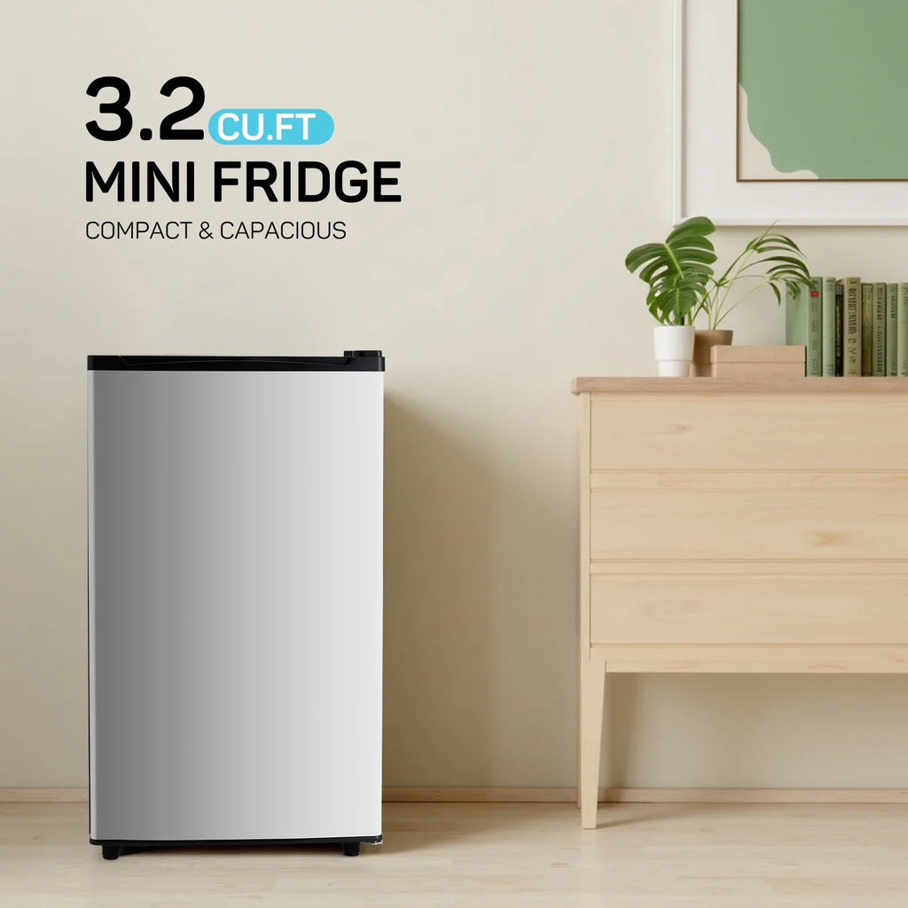 TINKLE WELL 3.2 Cu Ft Mini Fridge with Freezer, Compact Single Door Refrigerator, Energy Efficient, Low Noise, Adjustable Thermostat for Bedroom, Dorm, Office, silver