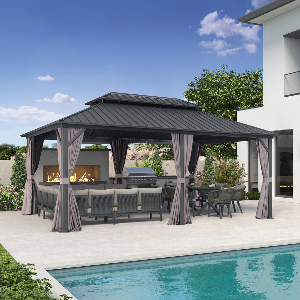 PURPLE LEAF 8' X 8' Gazebo Outdoor Gazebo Permanent Hardtop Gazebo with Galvanized Steel Double Roof for Patio Backyard Deck Aluminum Gazebo with Netting and Curtains Grey