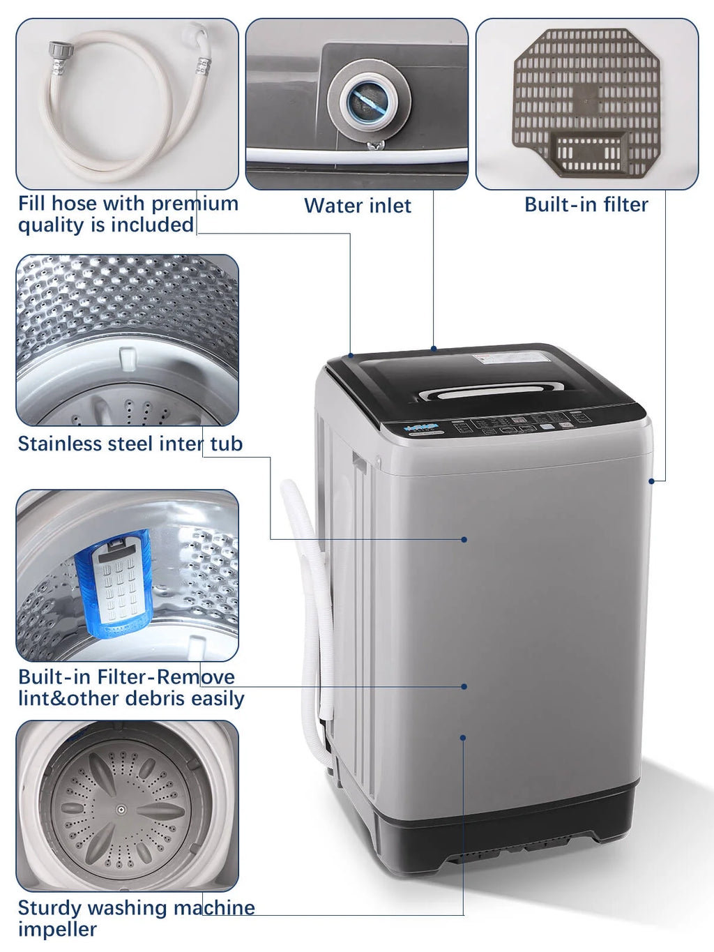 Krib B Full Automatic Washing Machine with Drain Pipe, 17.7 lb Portable Washers with 10 Programs & 8 Water Levels, Suitable for Apartment, Dorm, Grey