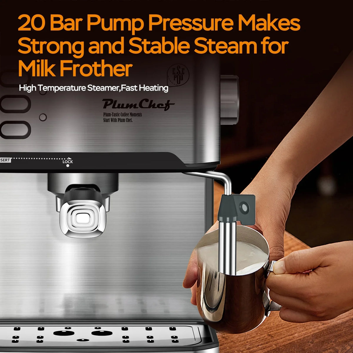Plum Chef Espresso Machine, 20 Bar Coffee Maker with Foaming Milk Frother Wand, Espresso & Cappuccino Latte Maker Coffee Machine, 850W, 1.6L Removable Water Tank, Black&Silver