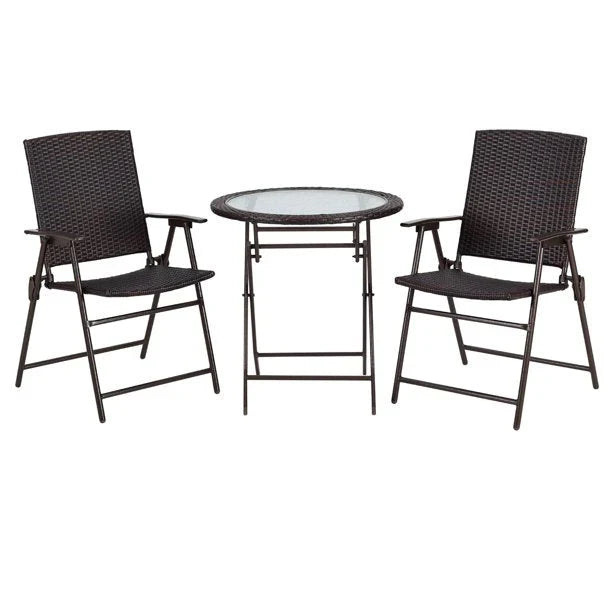 Ulax Furniture 3 Pieces Wicker Folding Bistro Set, Balcony Table and Chairs Sets, Garden Backyard Furniture