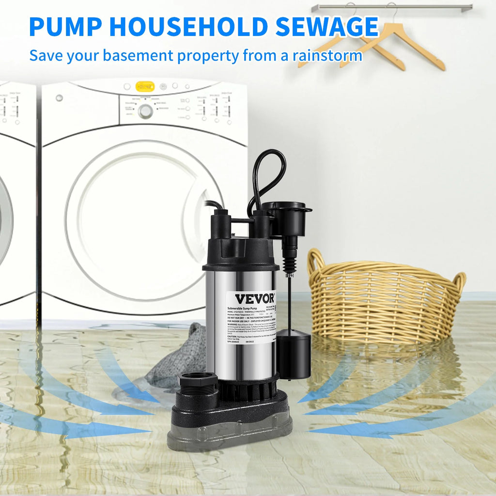 VEVOR Sump Pump, 1.5 HP 6000 GPH, Submersible Cast Iron and Stainless Steel Water Pump, 1 - 1/2" Discharge with 1 - 1/4" Adaptor, Automatic Vertical Float Switch, for Indoor Basement Water Basin
