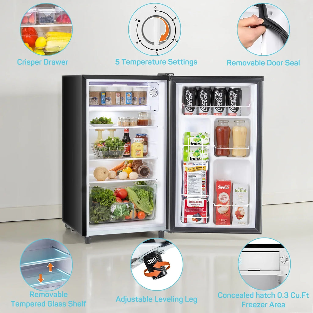 TINKLE WELL 3.2 Cu Ft Mini Fridge with Freezer, Compact Single Door Refrigerator, Energy Efficient, Low Noise, Adjustable Thermostat for Bedroom, Dorm, Office, silver