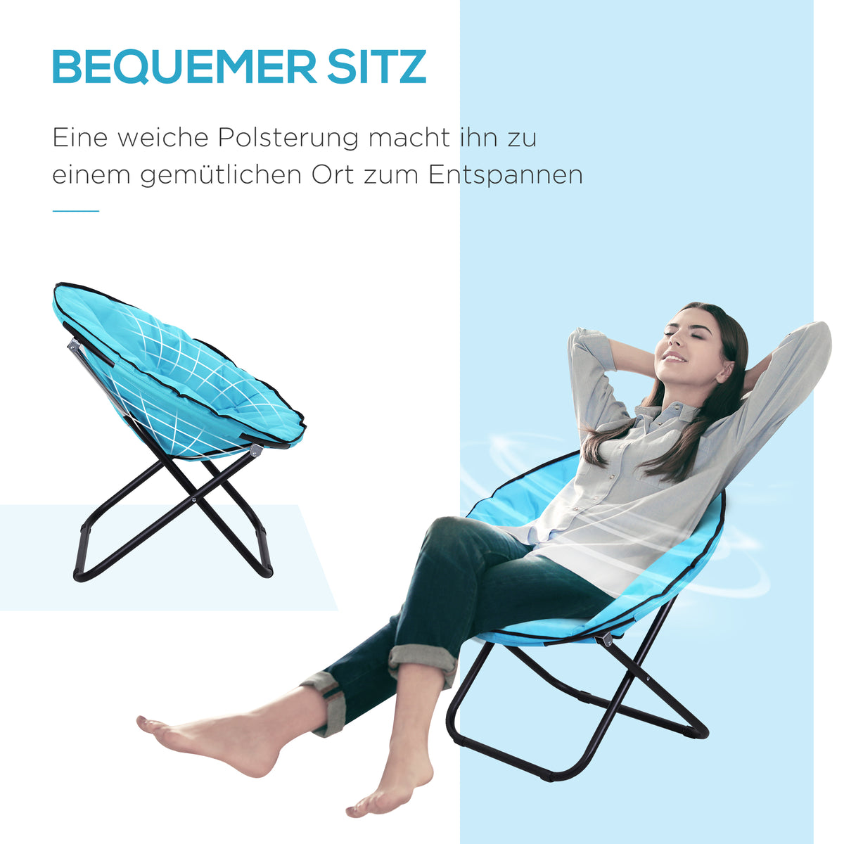 Outsunny Campingstuhl Faltbar Campingsessel mit Lehne, Klappstuhl bis 120kg, gepolstert Moonchair Extra Breit, Faltsessel Outdoor Stuhl für Garten, Balkon, Camping, Blau