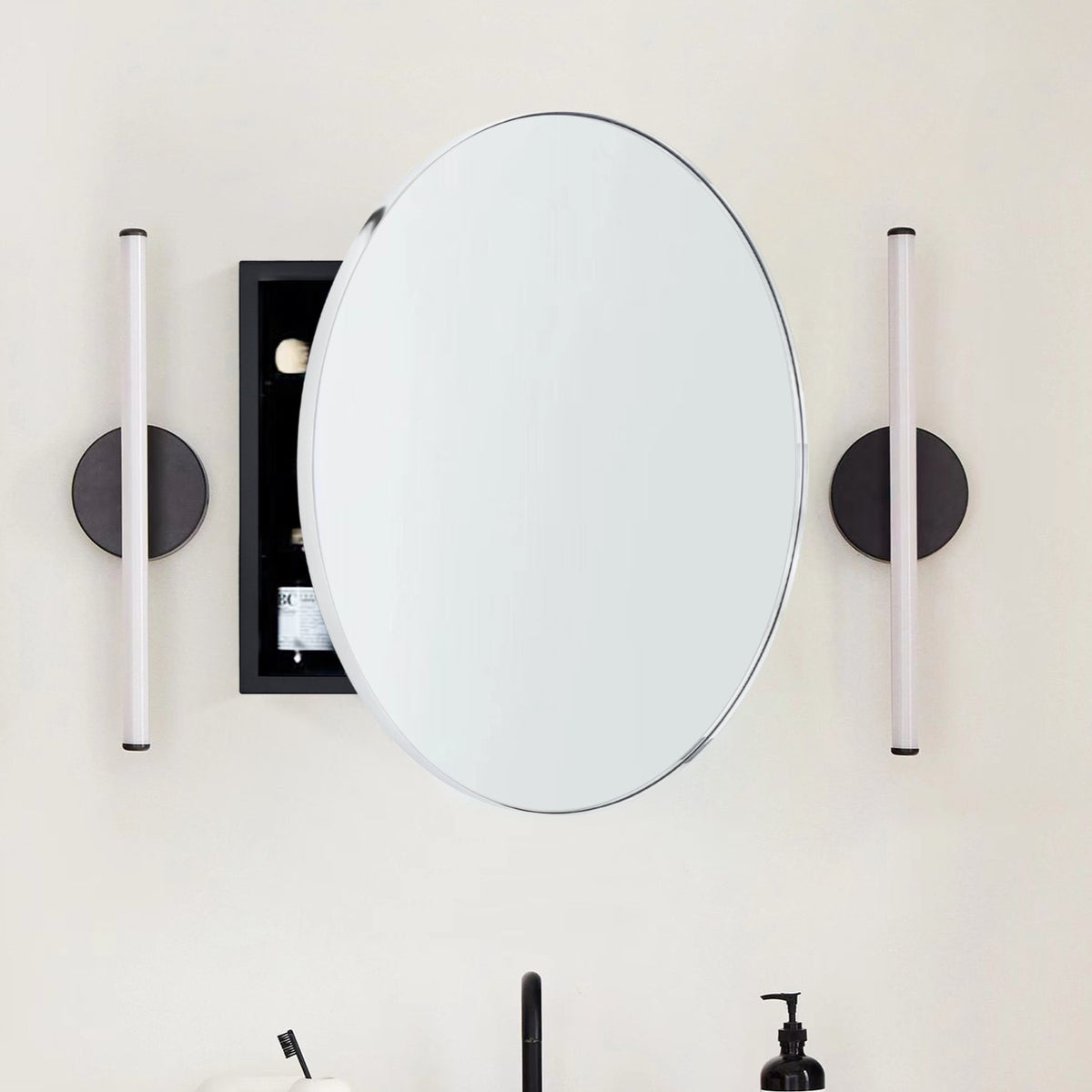 TEHOME Myriel Surface Mount Framed Round Medicine Cabinet with Mirror 24" x 24" - Black