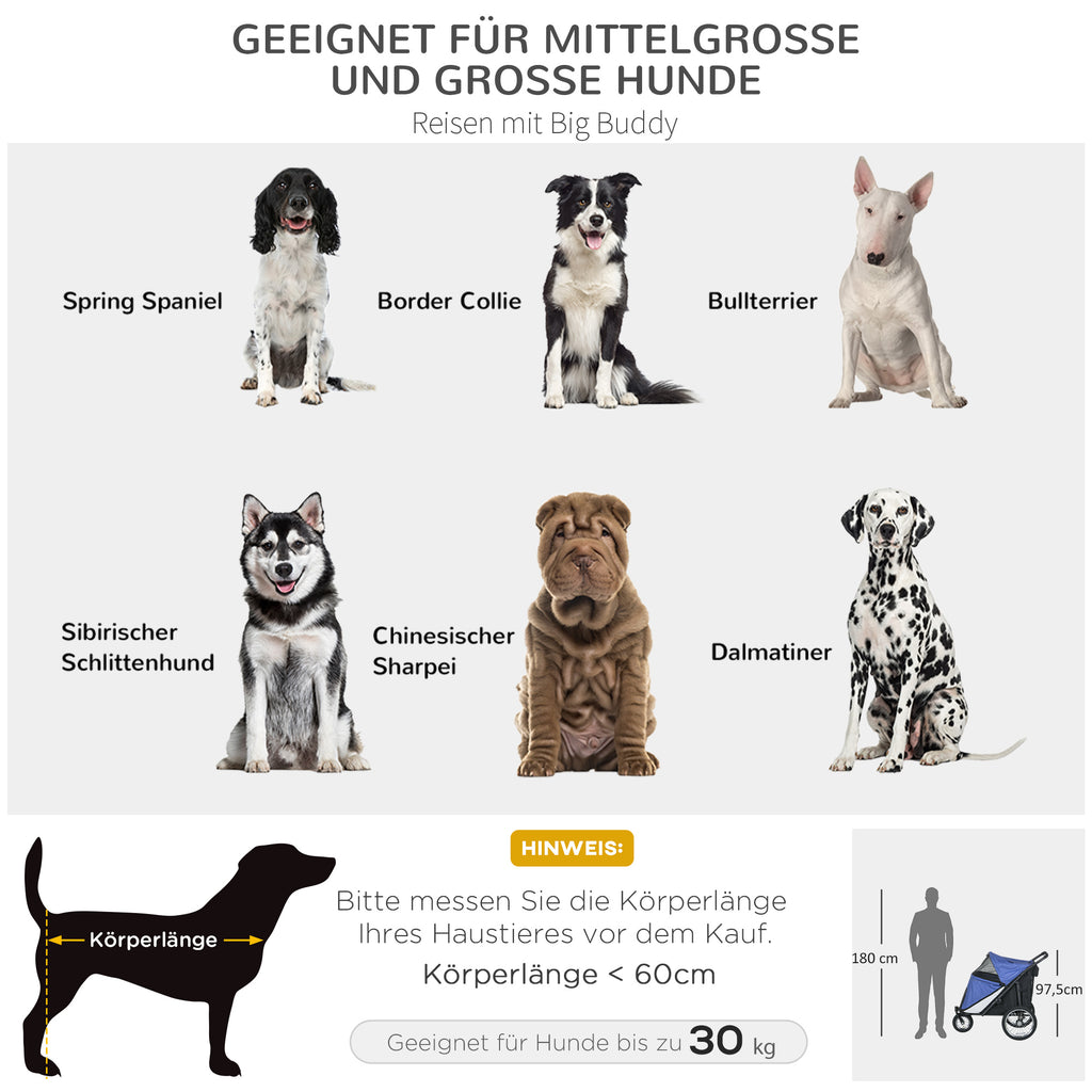 PawHut Hundebuggy, faltbar, aufklappbar, Liegekissen, Stahlrahmen, Blau/Schwarz