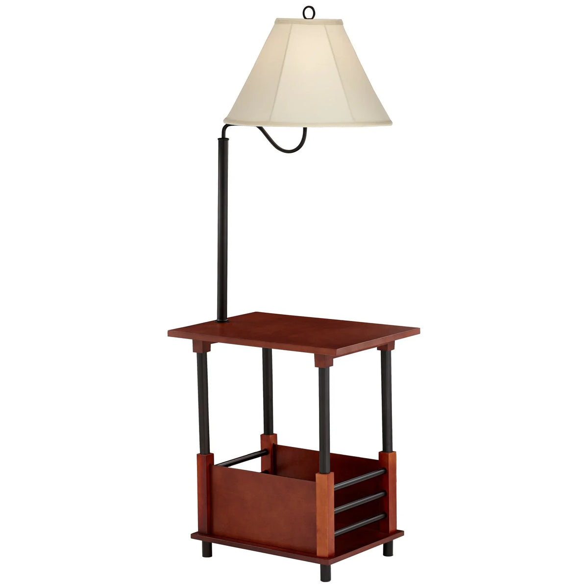 Regency Hill Marville Mission Rustic Farmhouse Floor Lamp with End Table 55" Tall Wood Open Crate Swing Arm Off White Empire Shade for Living Room