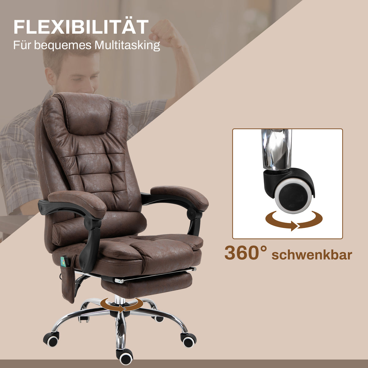 Vinsetto Massage-Bürostuhl, Liege- & Wärmefunktion, drehbar, ergonomisch, bis 120 kg, Braun