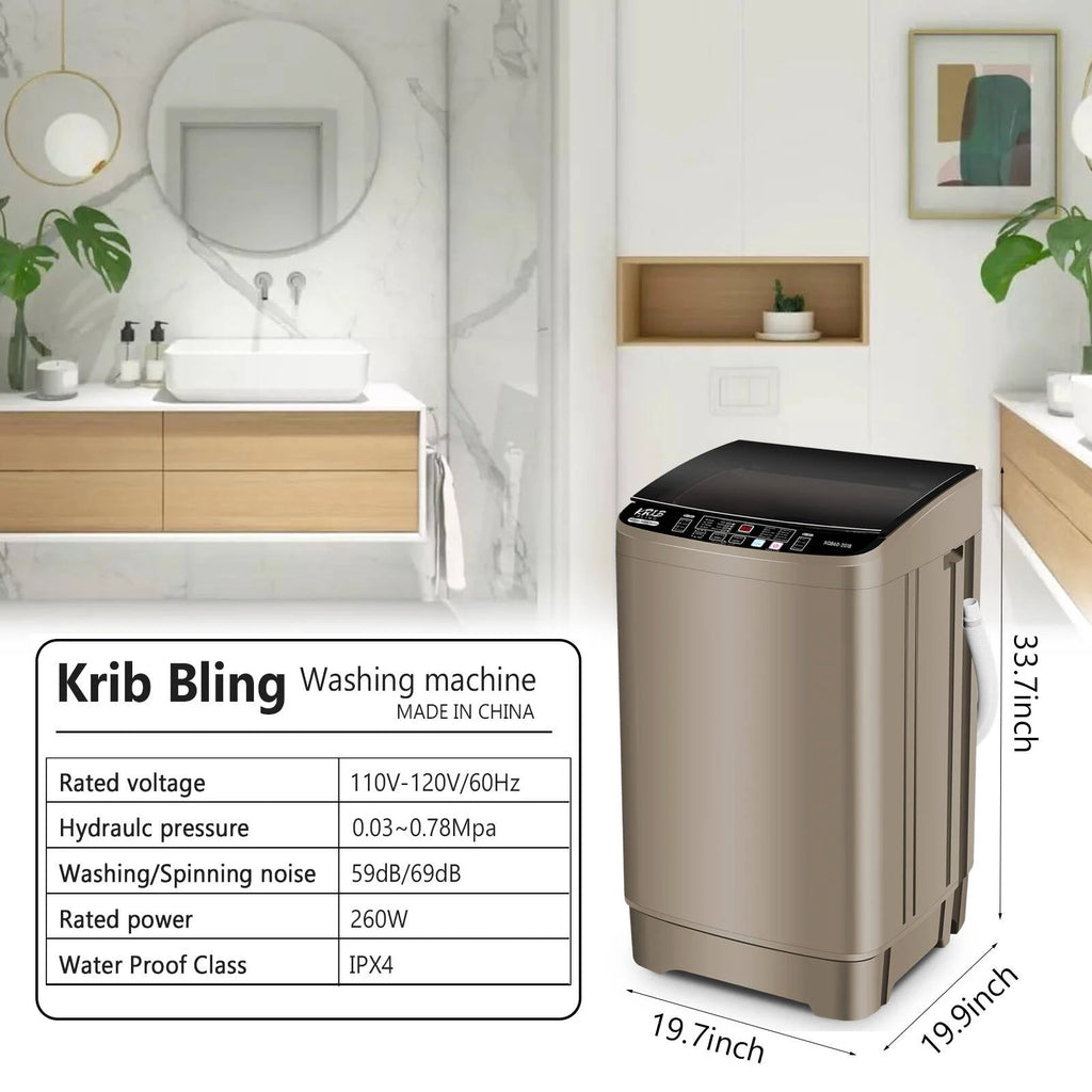 Krib B Full Automatic Washing Machine with Drain Pipe, 17.7 lb Portable Washers with 10 Programs & 8 Water Levels, Suitable for Apartment, Dorm, Grey