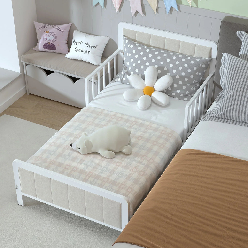 Yoneston Toddler Metal Platform Bed Frame with Guardrails, Children Crib Upholstered Bed Frame for Boys, Girls, Toddler �?White