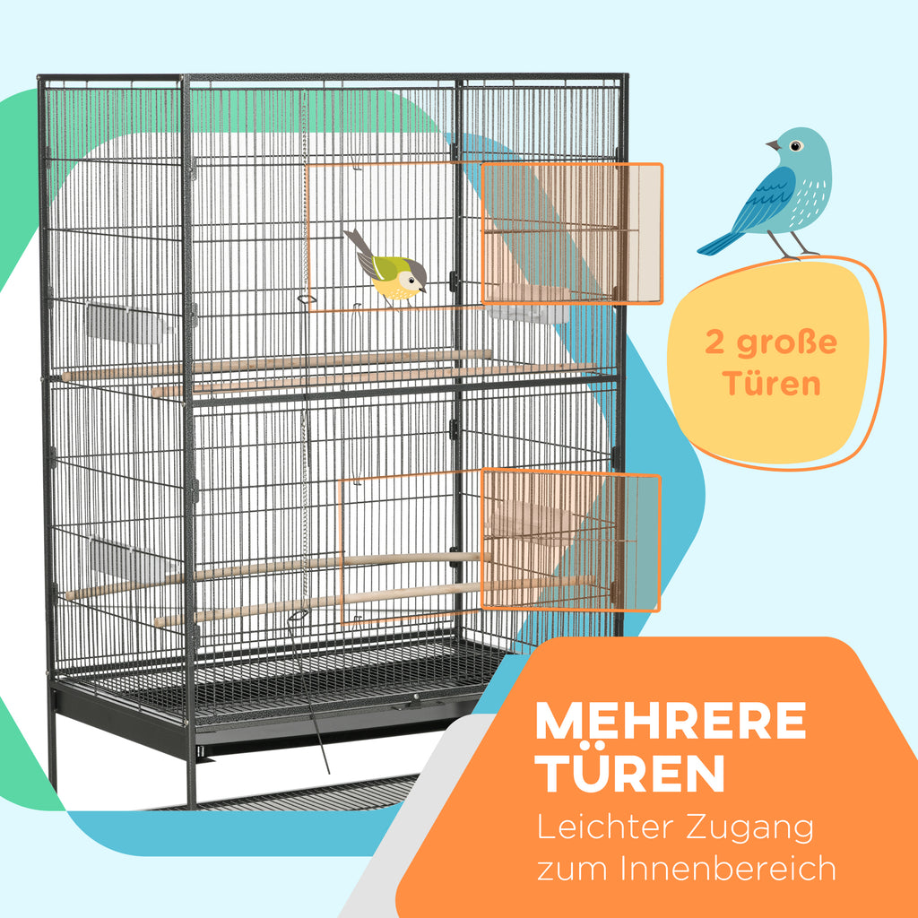 PawHut Vogelkäfig inklusive Sitzstangen, Vogelspielzeug, herausnehmbare Bodenwanne, 1 Ablage, Grau
