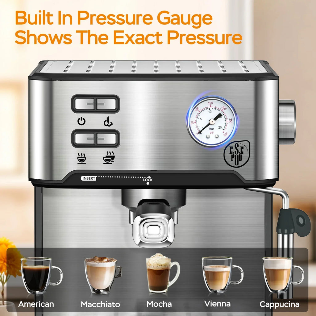 Plum Chef Espresso Coffee Machine, 20 Bar Cappuccino Latte Maker Coffee Machine with ESE POD Capsules Filter&Milk Frother, 1.6L Water Tank, for Home Barista, Stainless steel, 850W