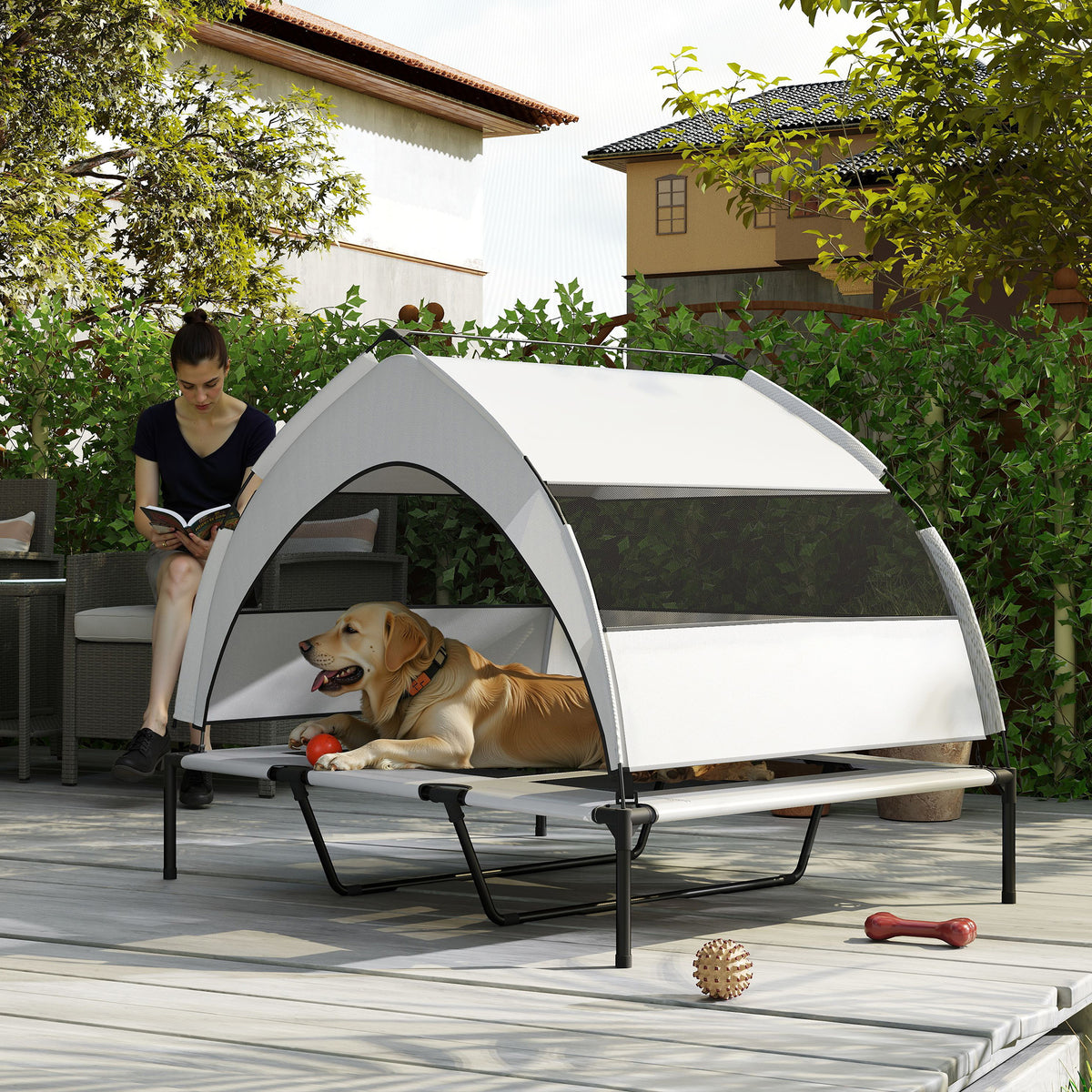 PawHut Hundebett mit abnehmbarer 3-seitiger Abdeckung aus Polyester und Stahl, 122x92x94 cm, Hellgrau und Schwarz