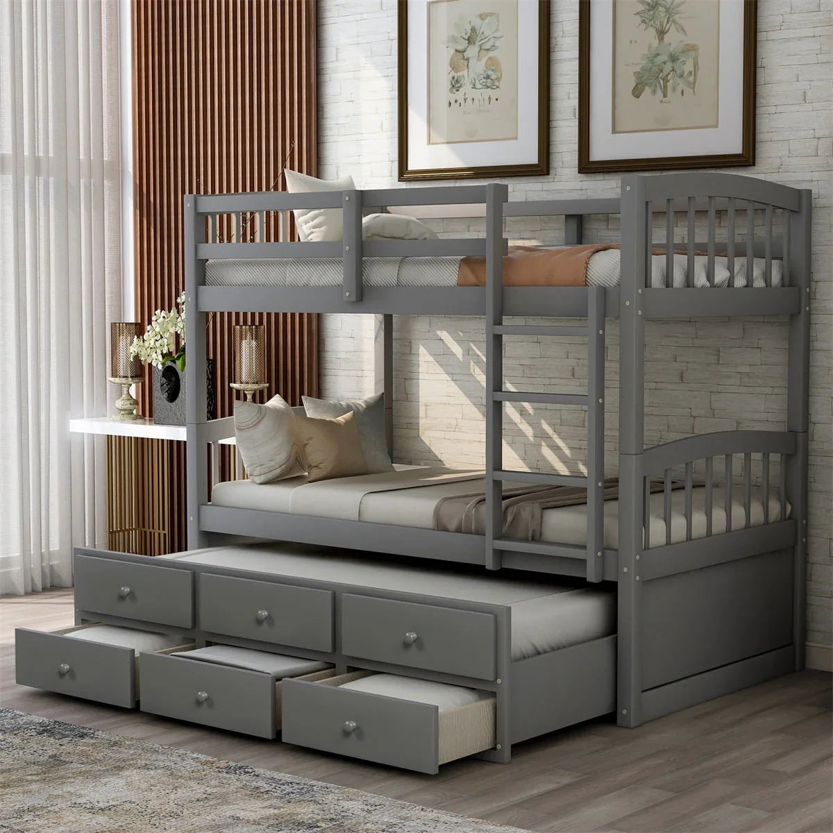 Twin-Over-Twin Bunk Bed with 3 Storage Drawers, Twin Bunk Bed Frame with Ladder & Safety Rail, Pinewood Trundle Bunk Bed for Teen Bedroom, Guest Room Furniture, Can be Convertible to 2 Beds, Gray