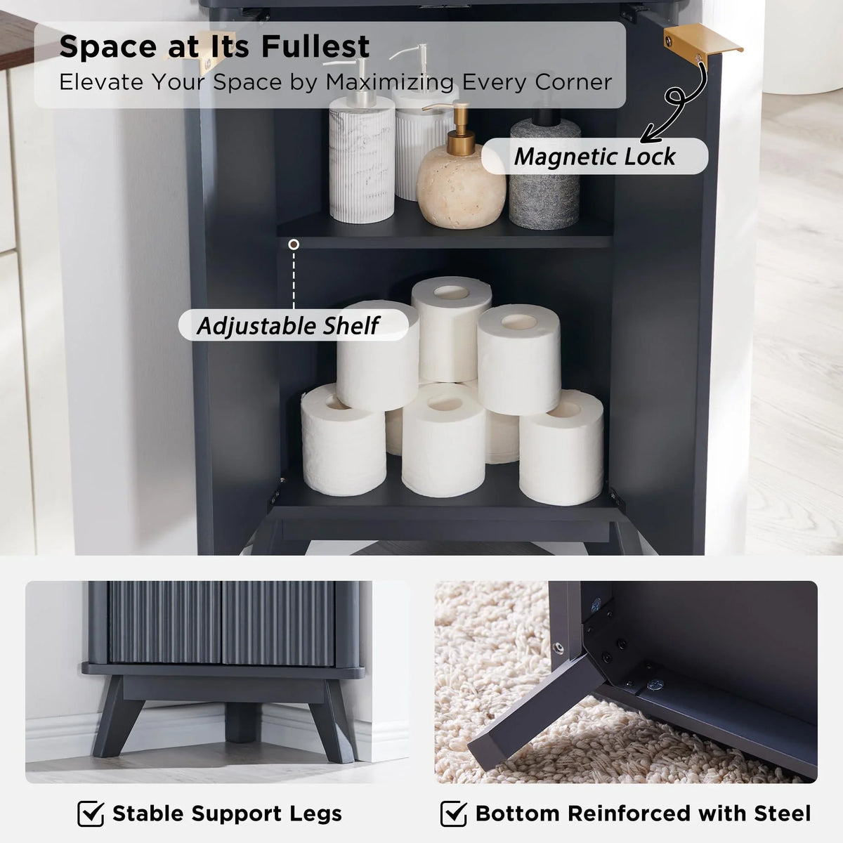 OKD 68" Tall Corner Storage Cabinet with Faux Marble Top and Adjustable Shelves Modern Pantry Curved Profile Bookshelf for Bathroom Kitchen Living Room Dining Room, Off White