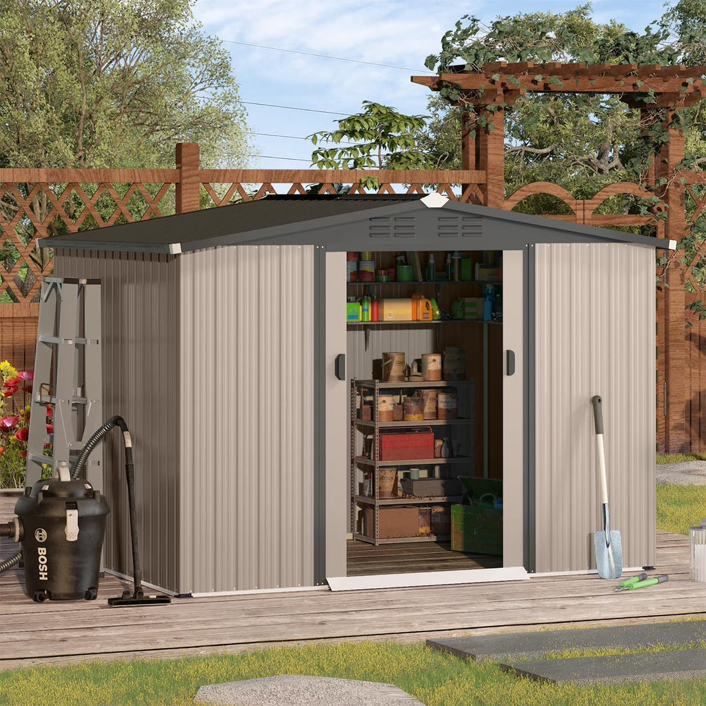 U-MAX 8 x 6 ft. Wood Grain Outdoor Metal Storage Shed with Lockable Door Patio Garden Storage Building for Outside