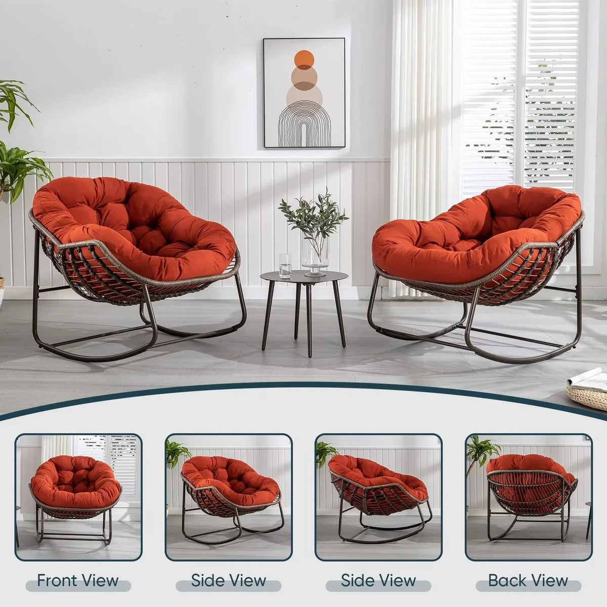 Outdoor Papasan Rocking Chair, Patio Oversized Wicker Egg Rocking Chair, Indoor & Outdoor Comfy Rocker Chair with Thick Cushion, Modern Lounge Chair for Front Porch, Garden, Backyard, Grey
